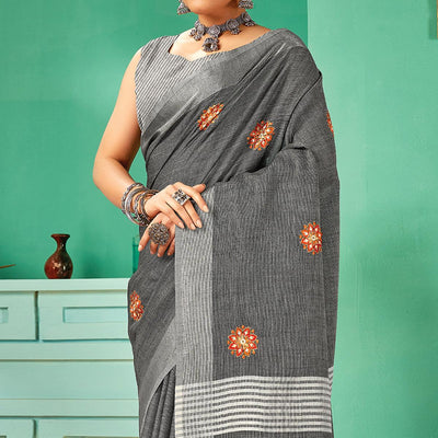 grey-casual-wear-embroidered-linen-saree-134683