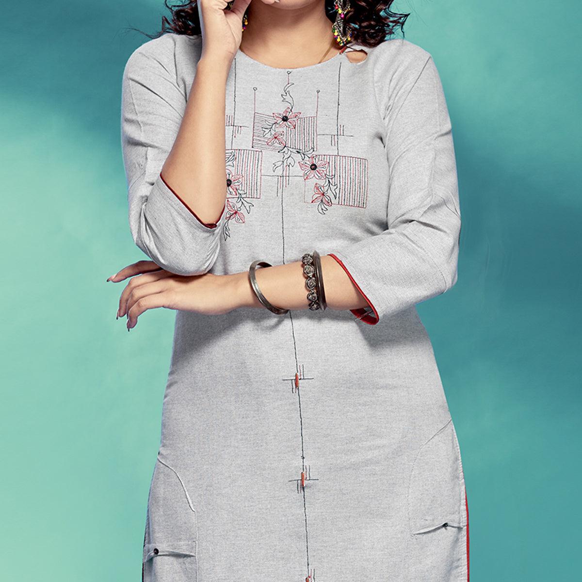 grey-casual-wear-embroidered-pure-cotton-kurti-120203