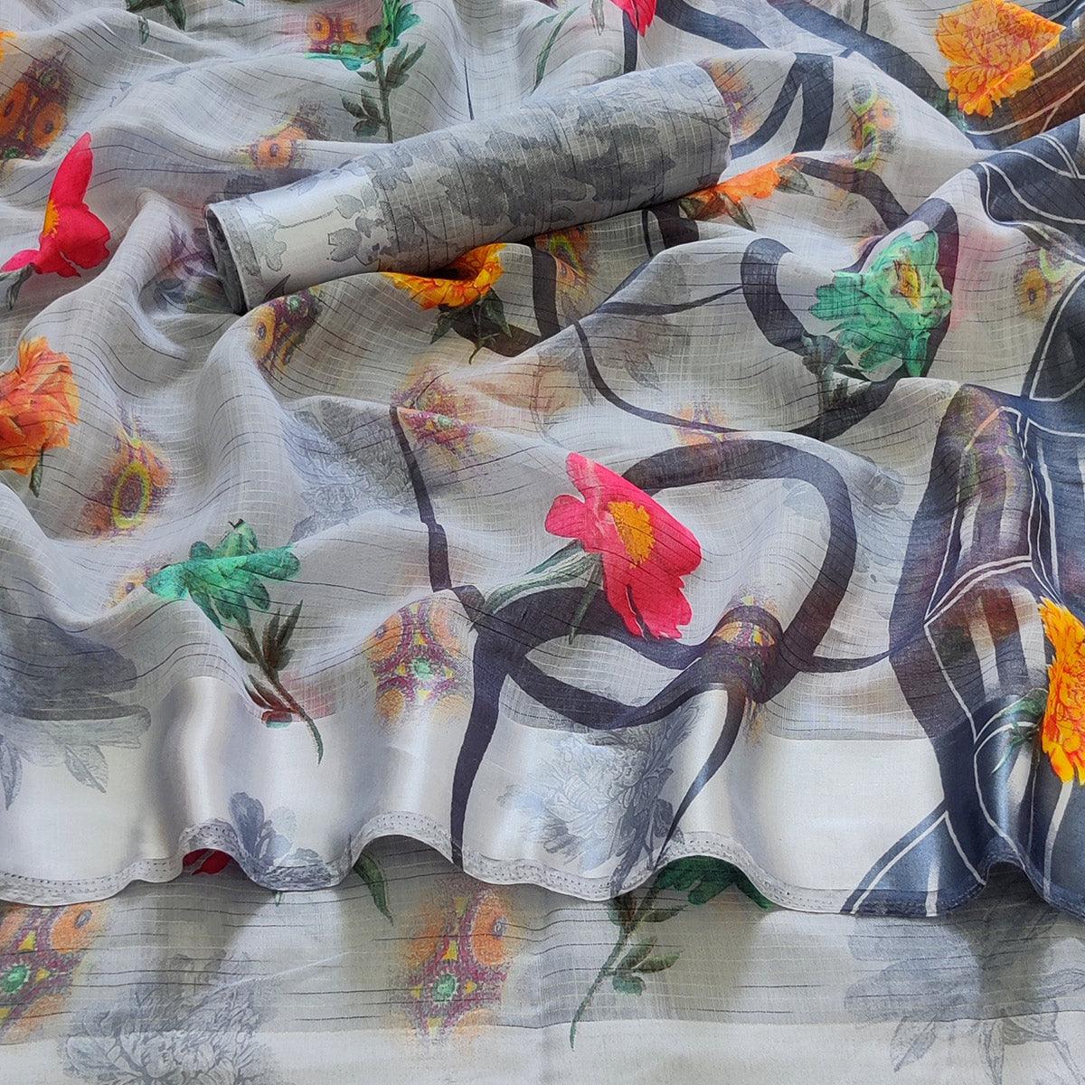grey-casual-wear-floral-digital-printed-linen-saree-123796