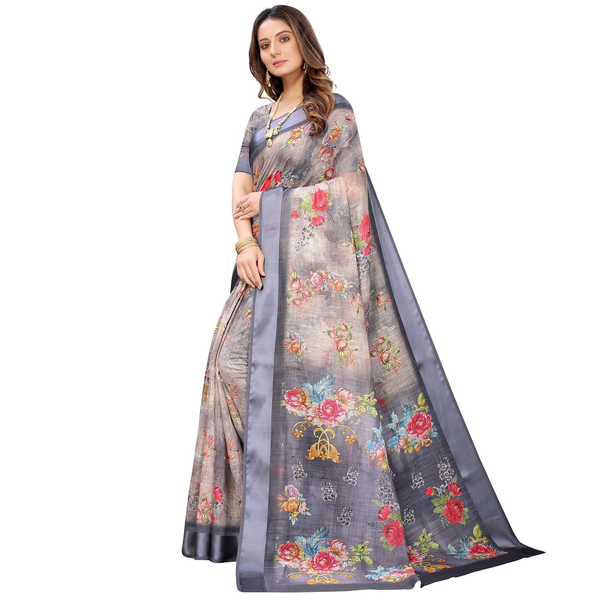 grey-casual-wear-floral-digital-printed-linen-slub-saree-117892