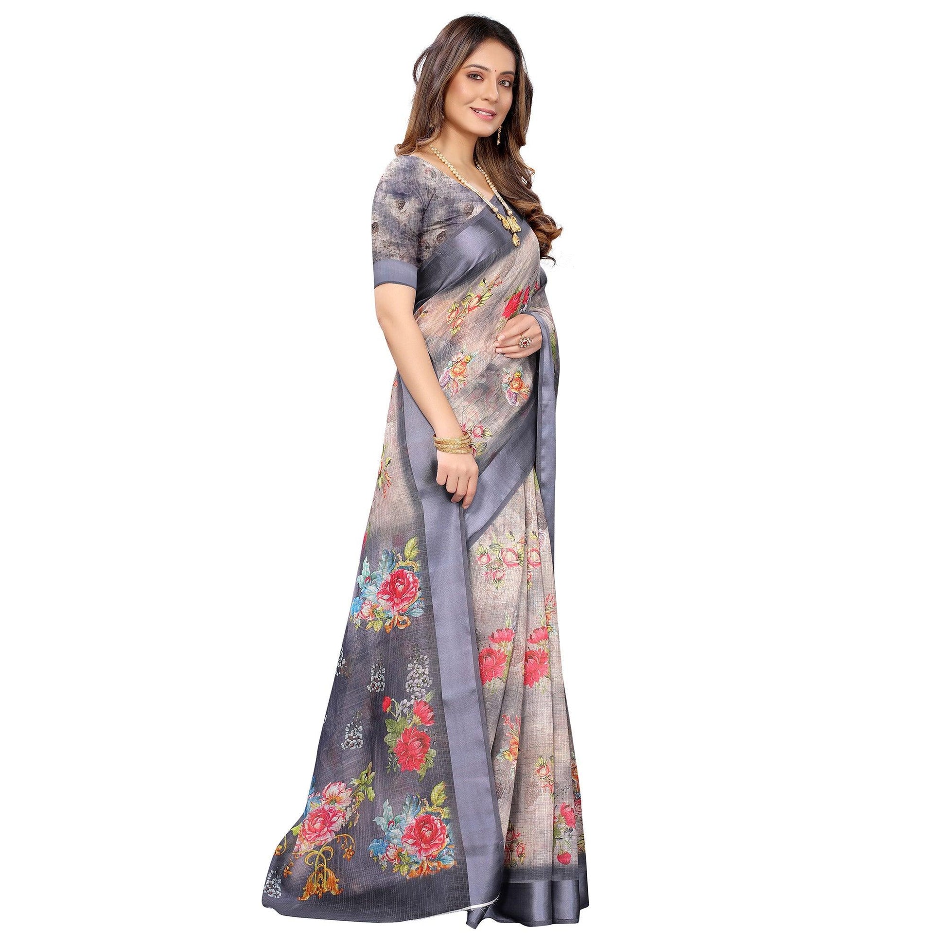 grey-casual-wear-floral-digital-printed-linen-slub-saree-117892