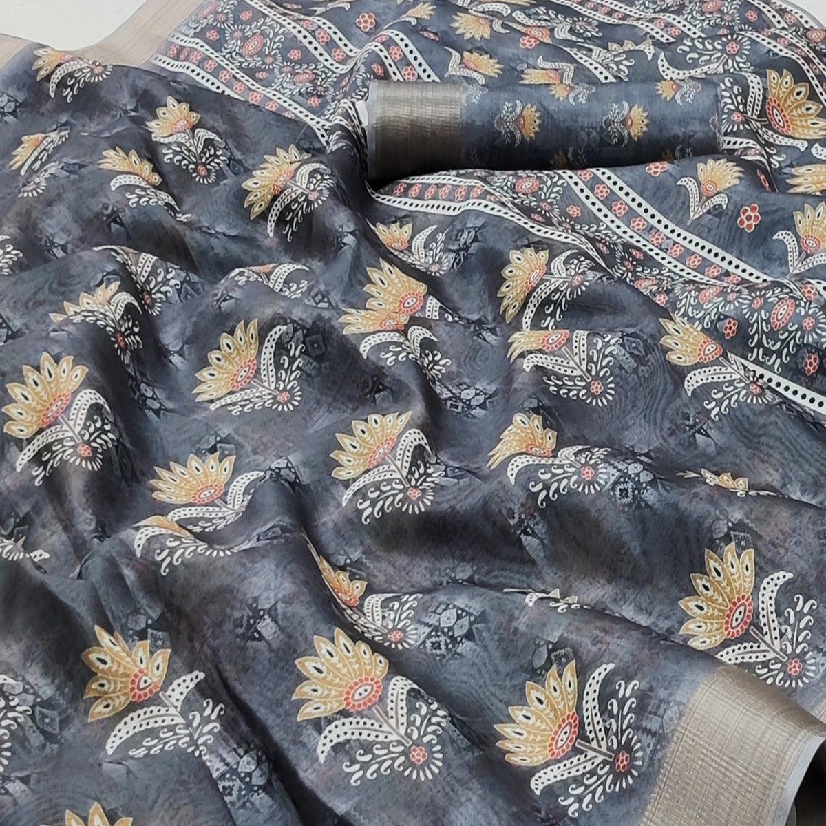 grey-casual-wear-floral-digital-printed-silk-saree-with-jacquard-border-139037
