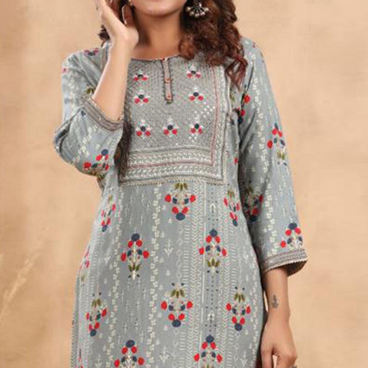 grey-casual-wear-floral-print-with-sequence-rayon-kurti-141973