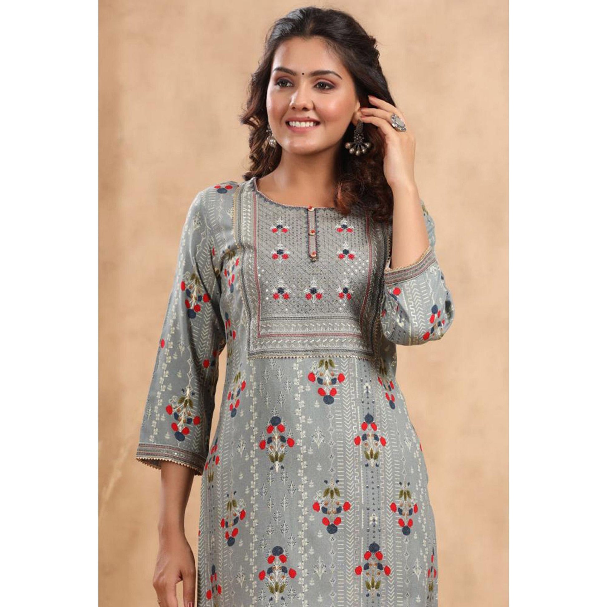 grey-casual-wear-floral-print-with-sequence-rayon-kurti-141973