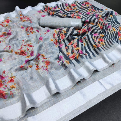 grey-festive-wear-floral-print-with-zari-checks-cotton-saree-116007