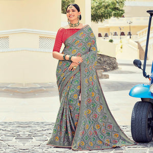grey-casual-wear-floral-printed-brasso-saree-119118