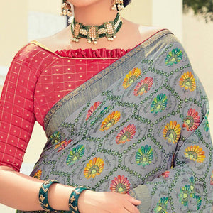 grey-casual-wear-floral-printed-brasso-saree-119118