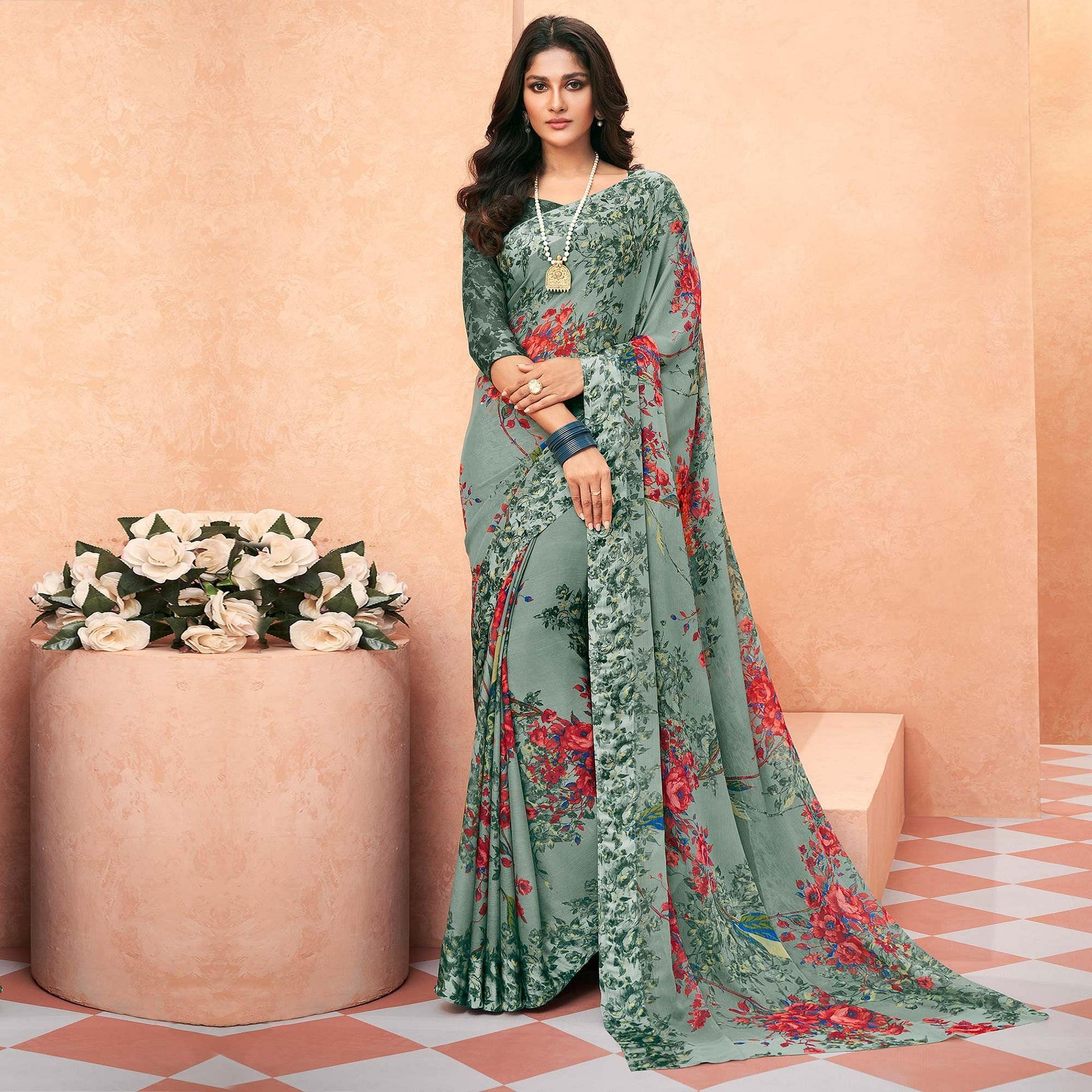 grey-casual-wear-floral-printed-chiffon-saree-142014