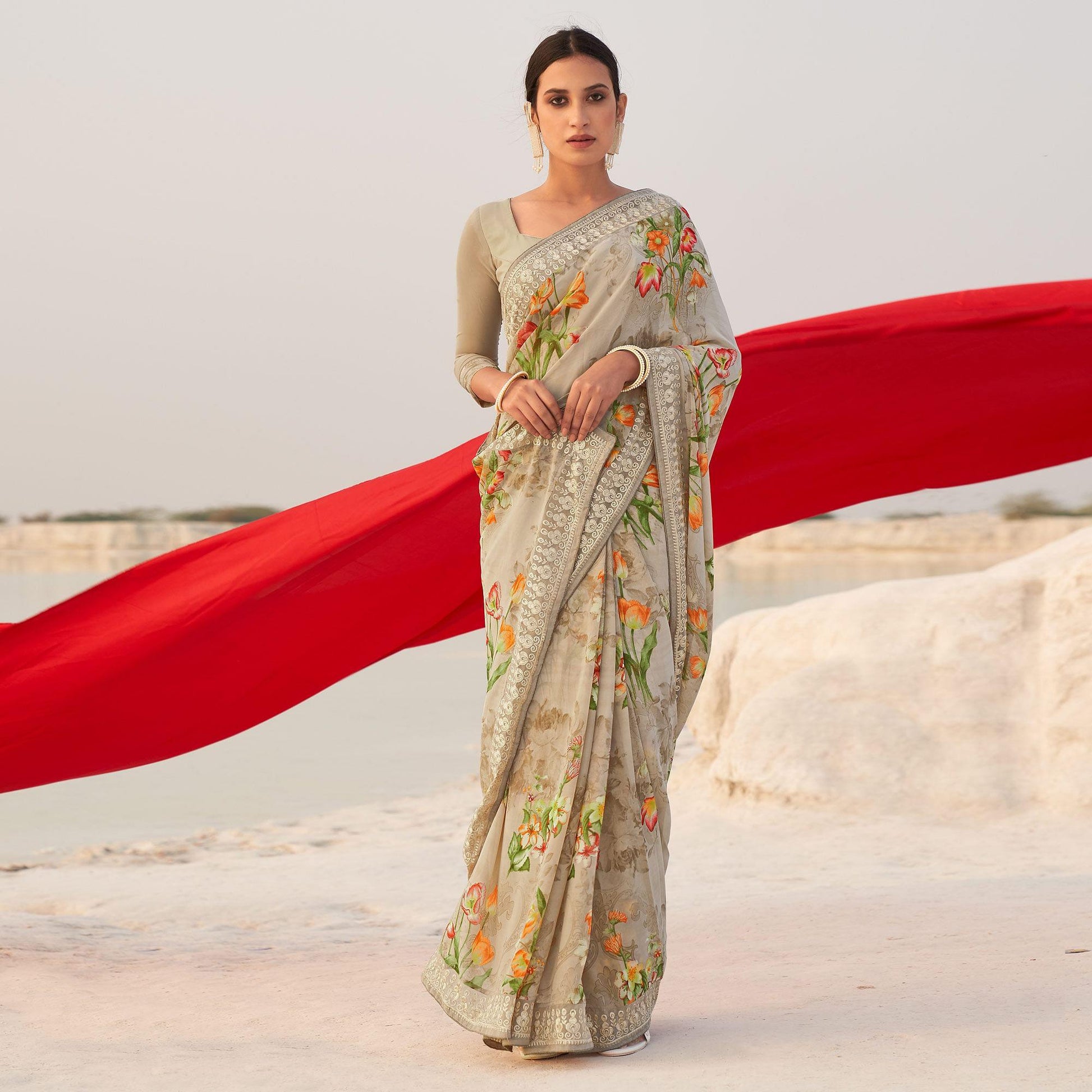 grey-casual-wear-floral-printed-georgette-saree-142349