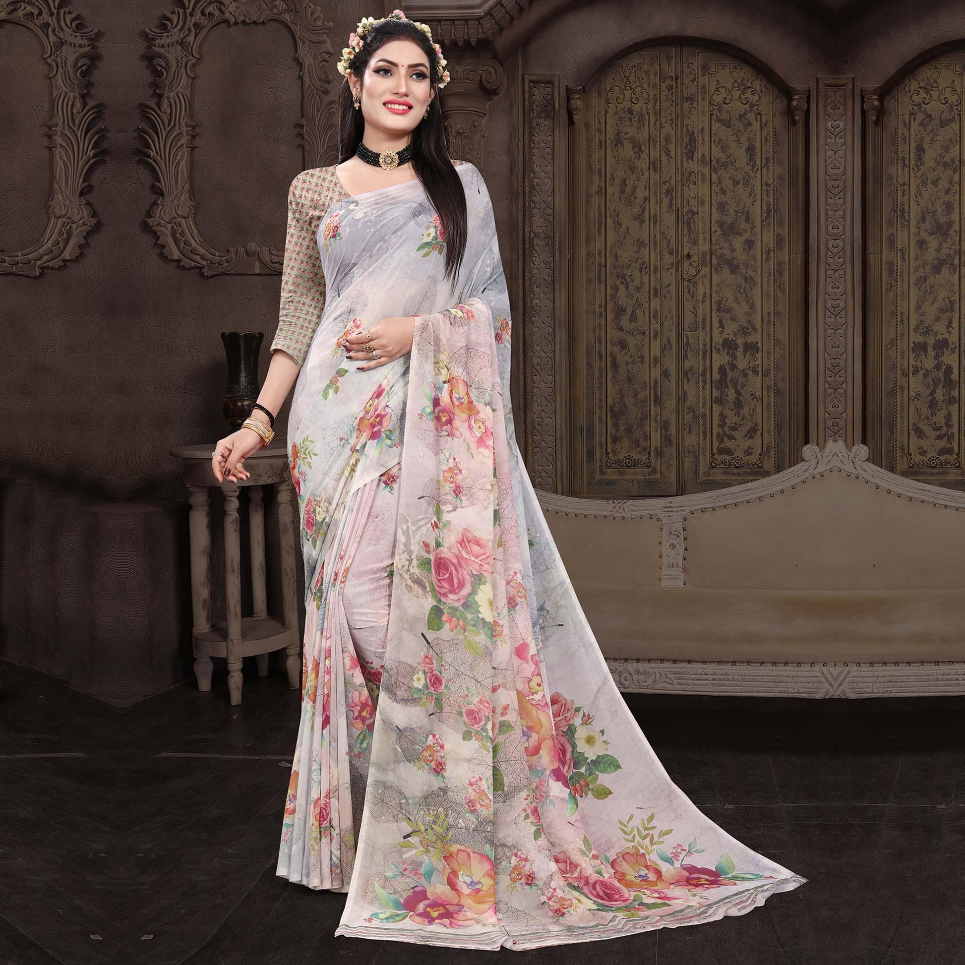 grey-casual-wear-floral-printed-georgette-saree-140904