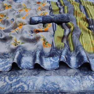 grey-casual-wear-floral-printed-linen-satin-saree-137041