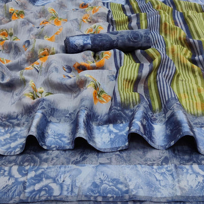 grey-casual-wear-floral-printed-linen-satin-saree-137041