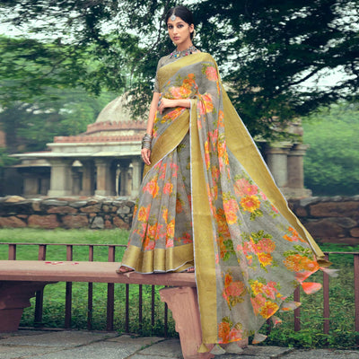 grey-casual-wear-floral-printed-organza-saree-with-jacquard-border-120602