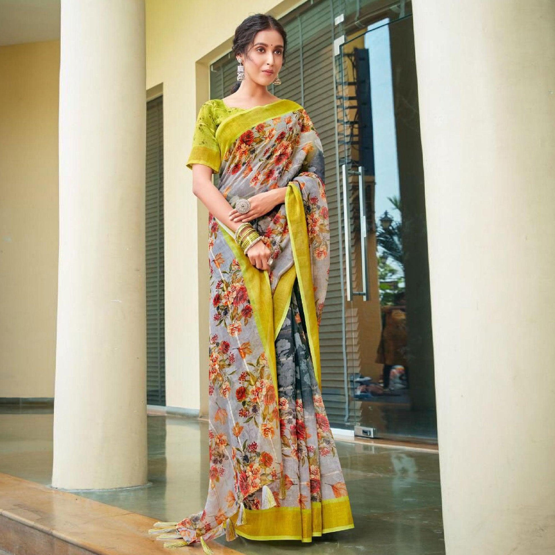 grey-casual-wear-floral-printed-pure-linen-saree-119939