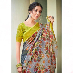 grey-casual-wear-floral-printed-pure-linen-saree-119939