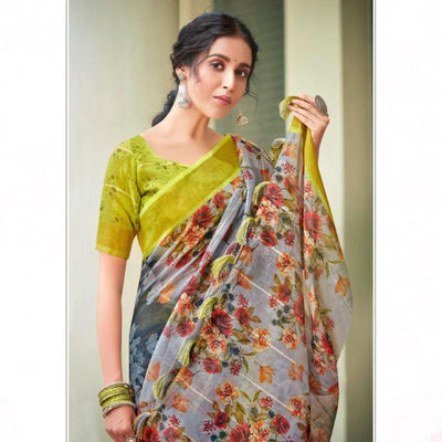grey-casual-wear-floral-printed-pure-linen-saree-119939