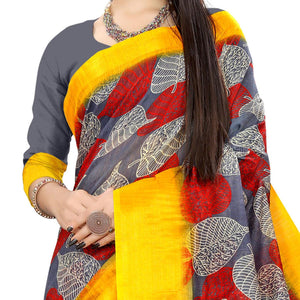 grey-casual-wear-leaf-printed-cotton-linen-saree-107766