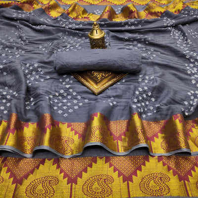 grey-casual-wear-printed-hand-bandhej-zari-border-pure-cotton-saree-131378