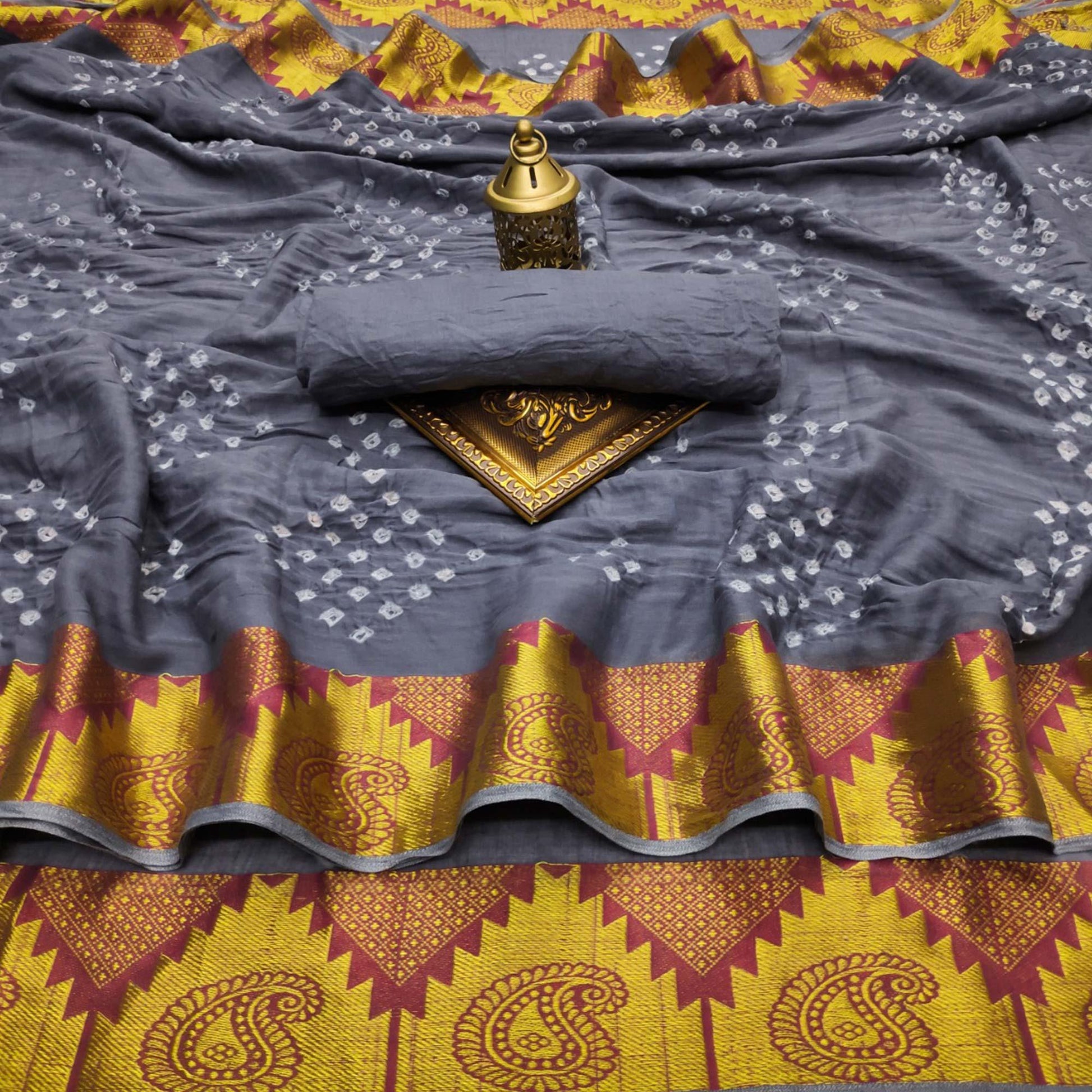 grey-casual-wear-printed-hand-bandhej-zari-border-pure-cotton-saree-131378