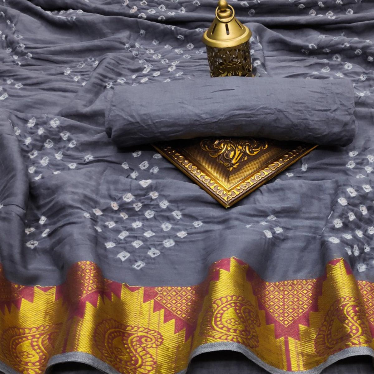 grey-casual-wear-printed-hand-bandhej-zari-border-pure-cotton-saree-131378