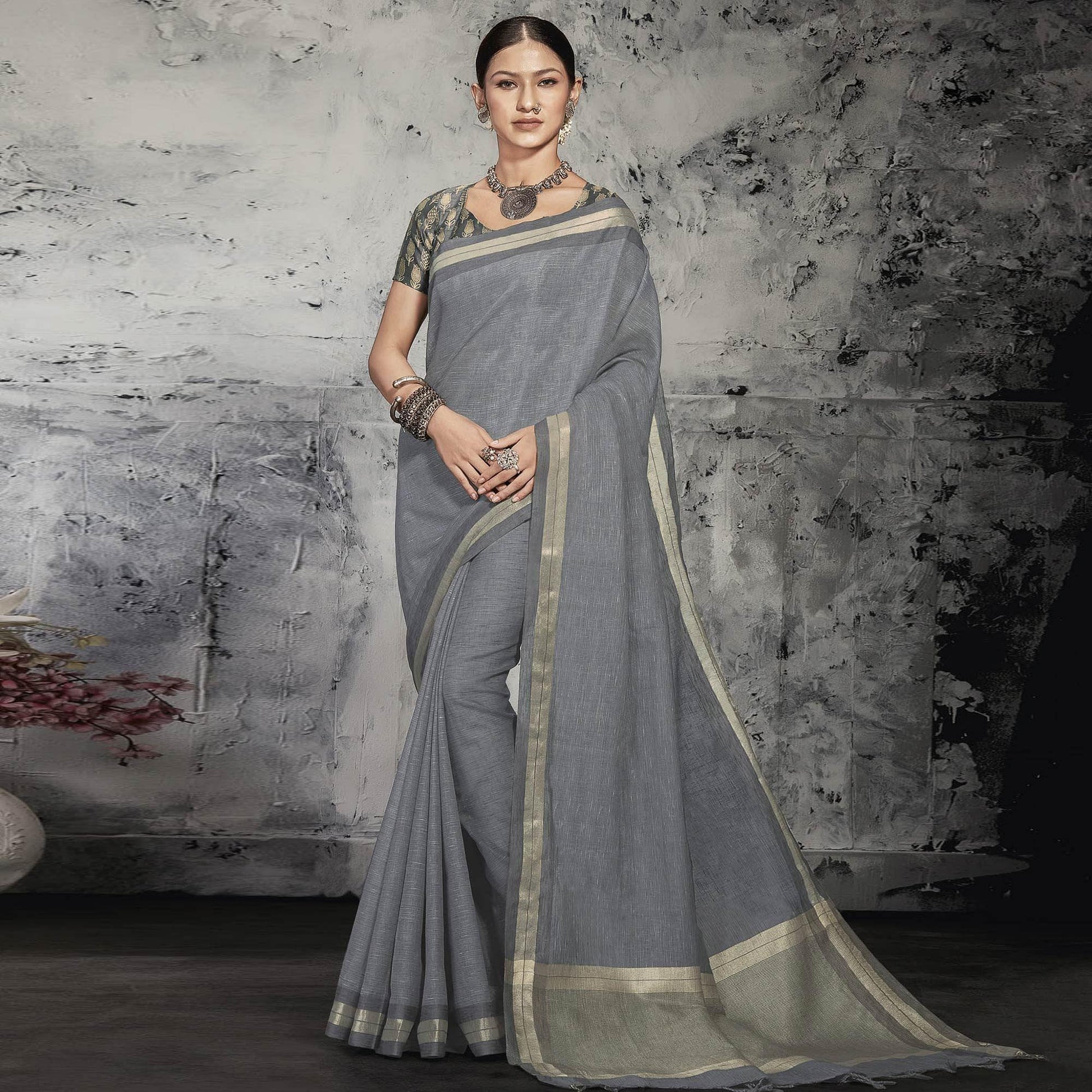 grey-casual-wear-printed-linen-saree-131320