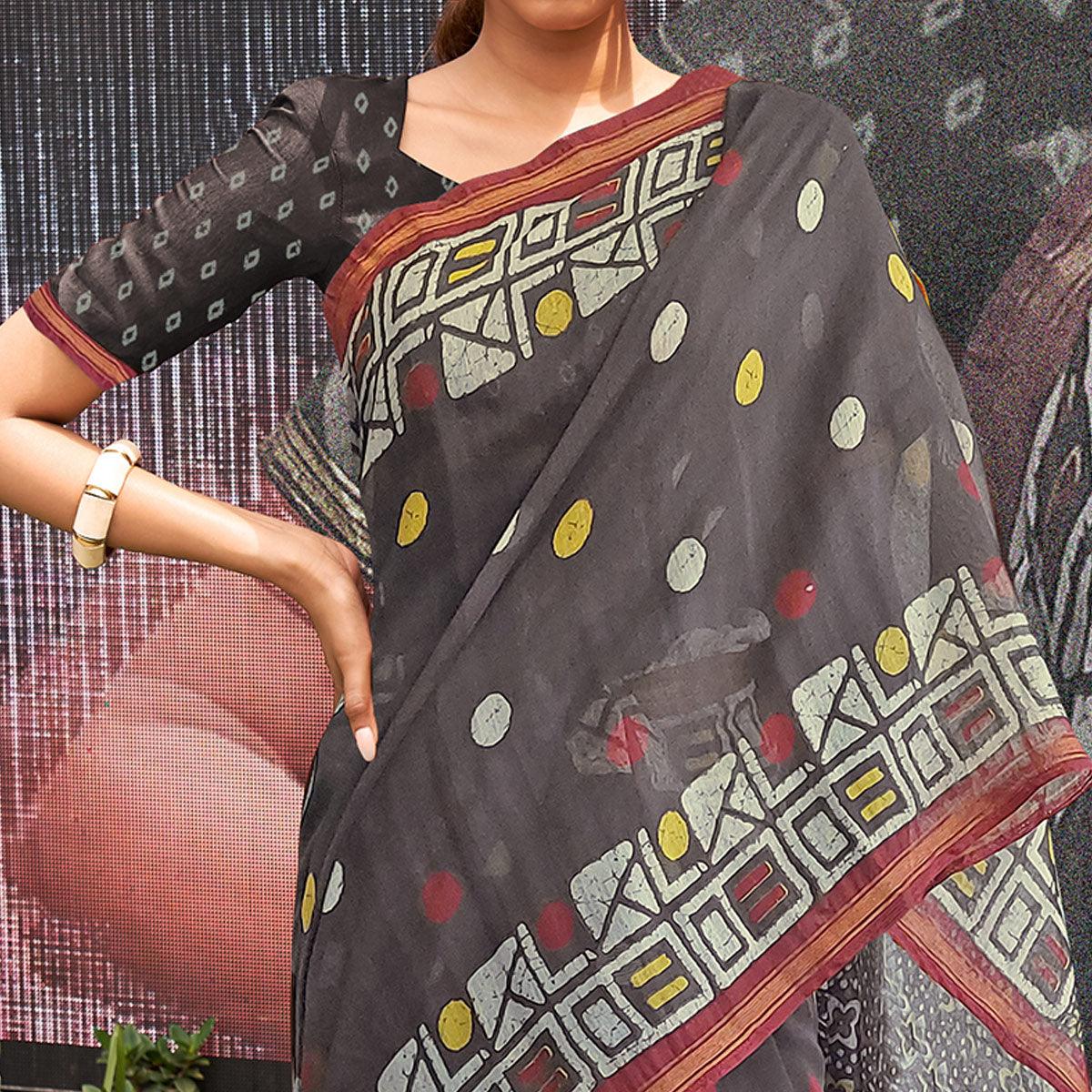 grey-casual-wear-printed-linen-saree-124023