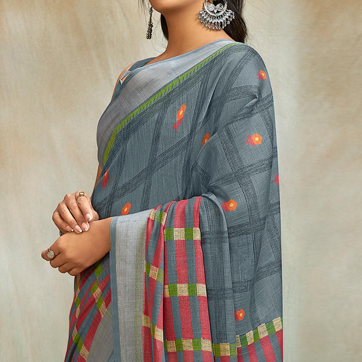 grey-casual-wear-printed-pure-linen-saree-127760