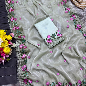 Grey Crush Silk Saree with Intricate Floral Embroidery & Matching Blouse