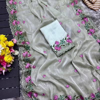 Grey Crush Silk Saree with Intricate Floral Embroidery & Matching Blouse