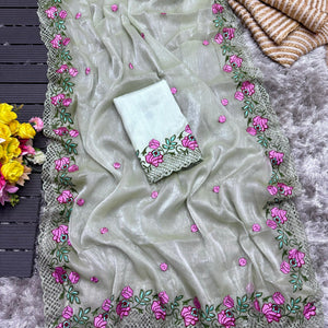 Grey Crush Silk Saree with Intricate Floral Embroidery & Matching Blouse