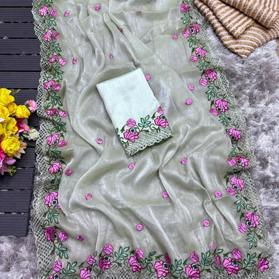 Grey Crush Silk Saree with Intricate Floral Embroidery & Matching Blouse