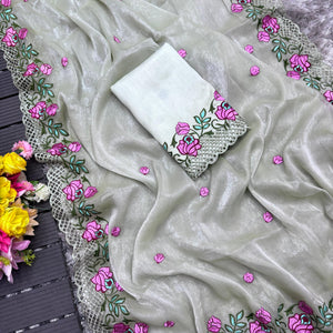 Grey Crush Silk Saree with Intricate Floral Embroidery & Matching Blouse