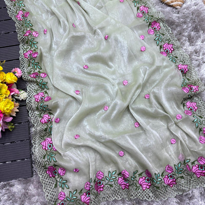Grey Crush Silk Saree with Intricate Floral Embroidery & Matching Blouse