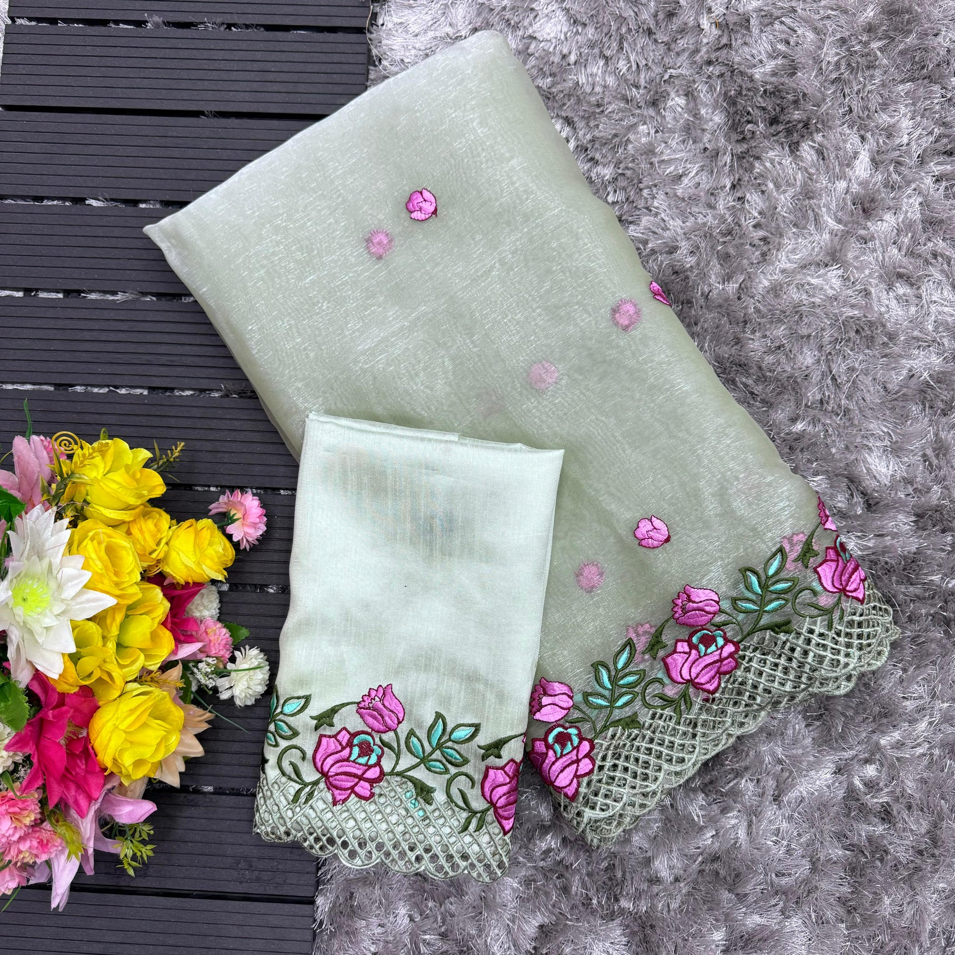 Grey Crush Silk Saree with Intricate Floral Embroidery & Matching Blouse