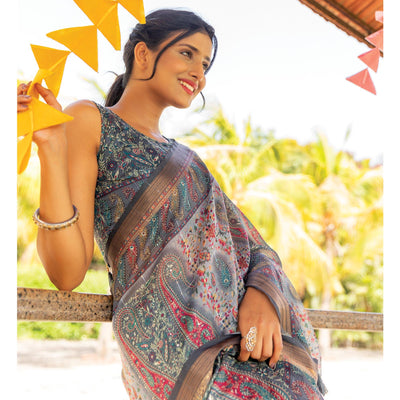 grey-digital-printed-linen-saree-with-tassels
