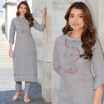 grey-embroidered-cotton-blend-kurti-pant-set