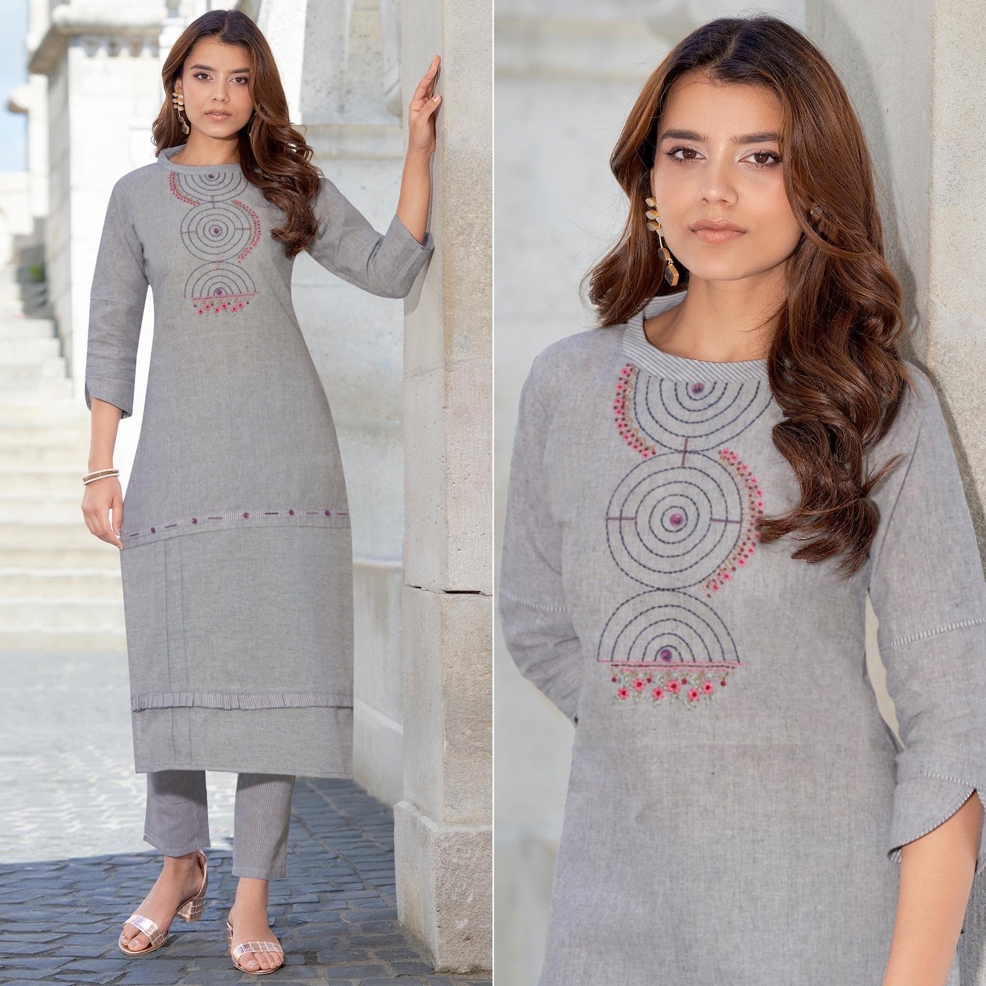 grey-embroidered-cotton-blend-kurti-pant-set