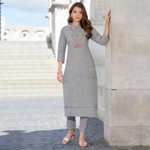 grey-embroidered-cotton-blend-kurti-pant-set