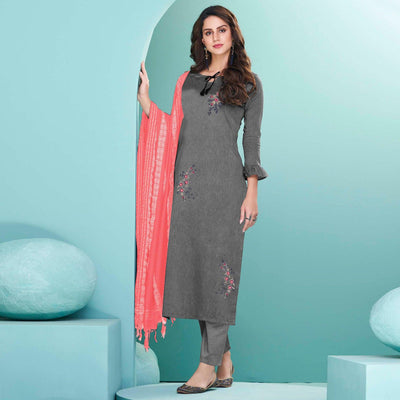 grey-embroidered-cotton-kurti-pant-set-with-dupatta-143124