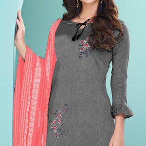 grey-embroidered-cotton-kurti-pant-set-with-dupatta-143124