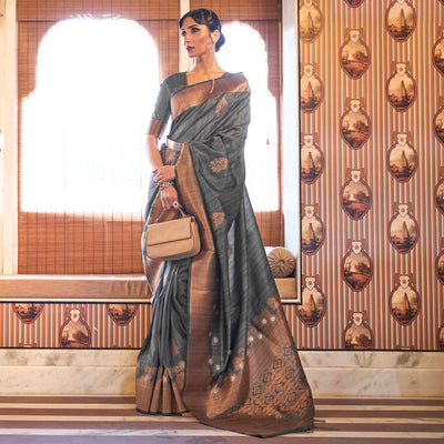 grey-festive-wear-copper-zari-weaving-tussar-silk-saree-with-tassels-139730