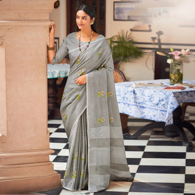 grey-festive-wear-embroidered-linen-saree-135575
