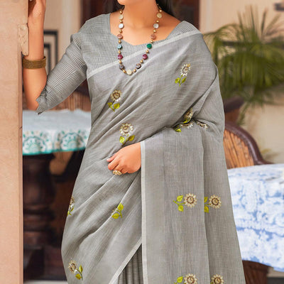 grey-festive-wear-embroidered-linen-saree-135575