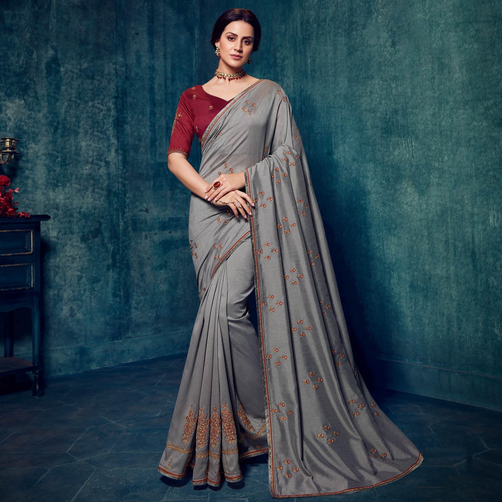 grey-festive-wear-floral-embroidered-vichitra-silk-saree-118706
