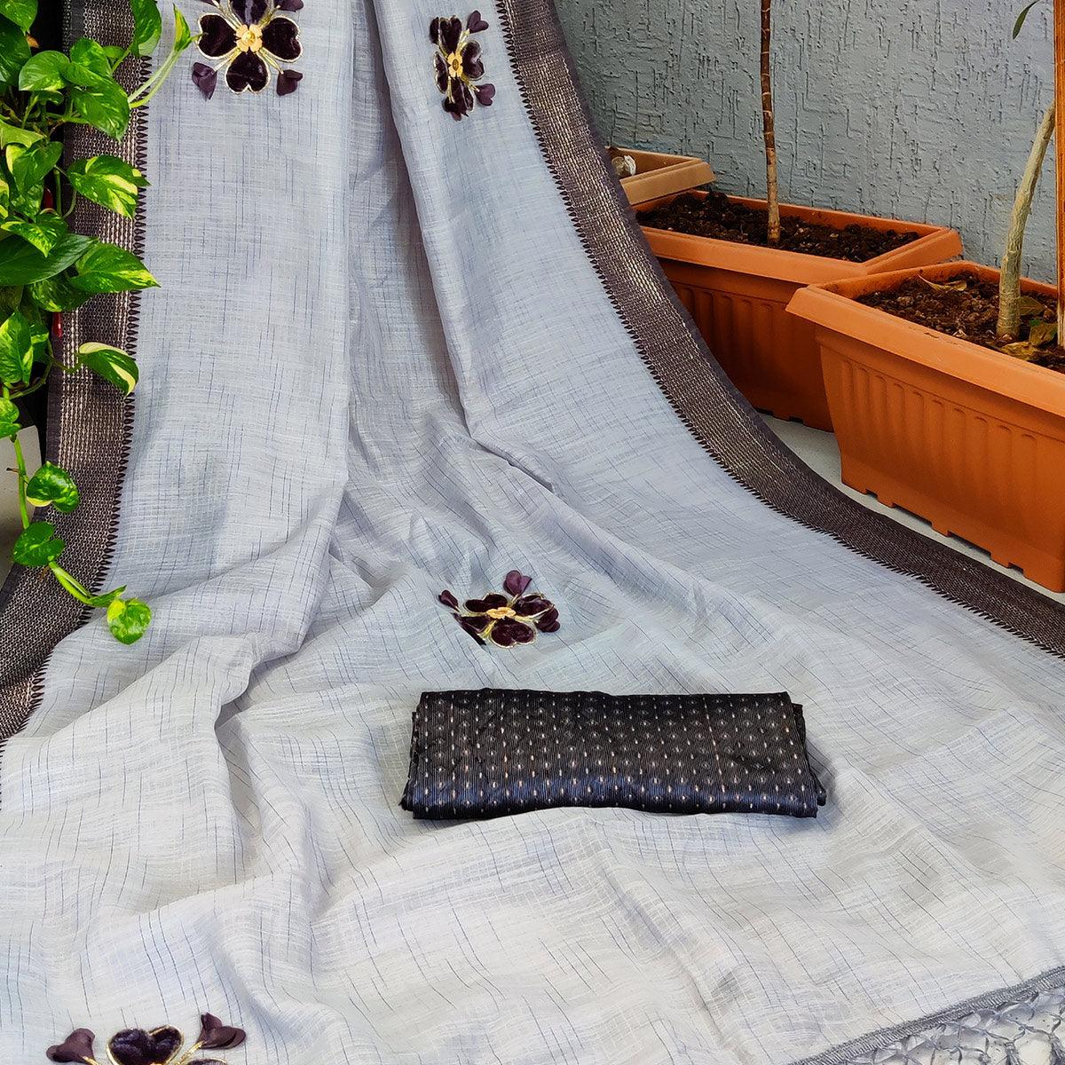 grey-festive-wear-floral-embroiderey-woven-border-cotton-saree-107624