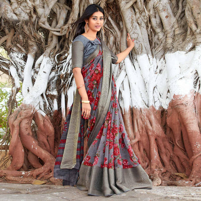 grey-festive-wear-floral-printed-soft-cotton-saree-127772
