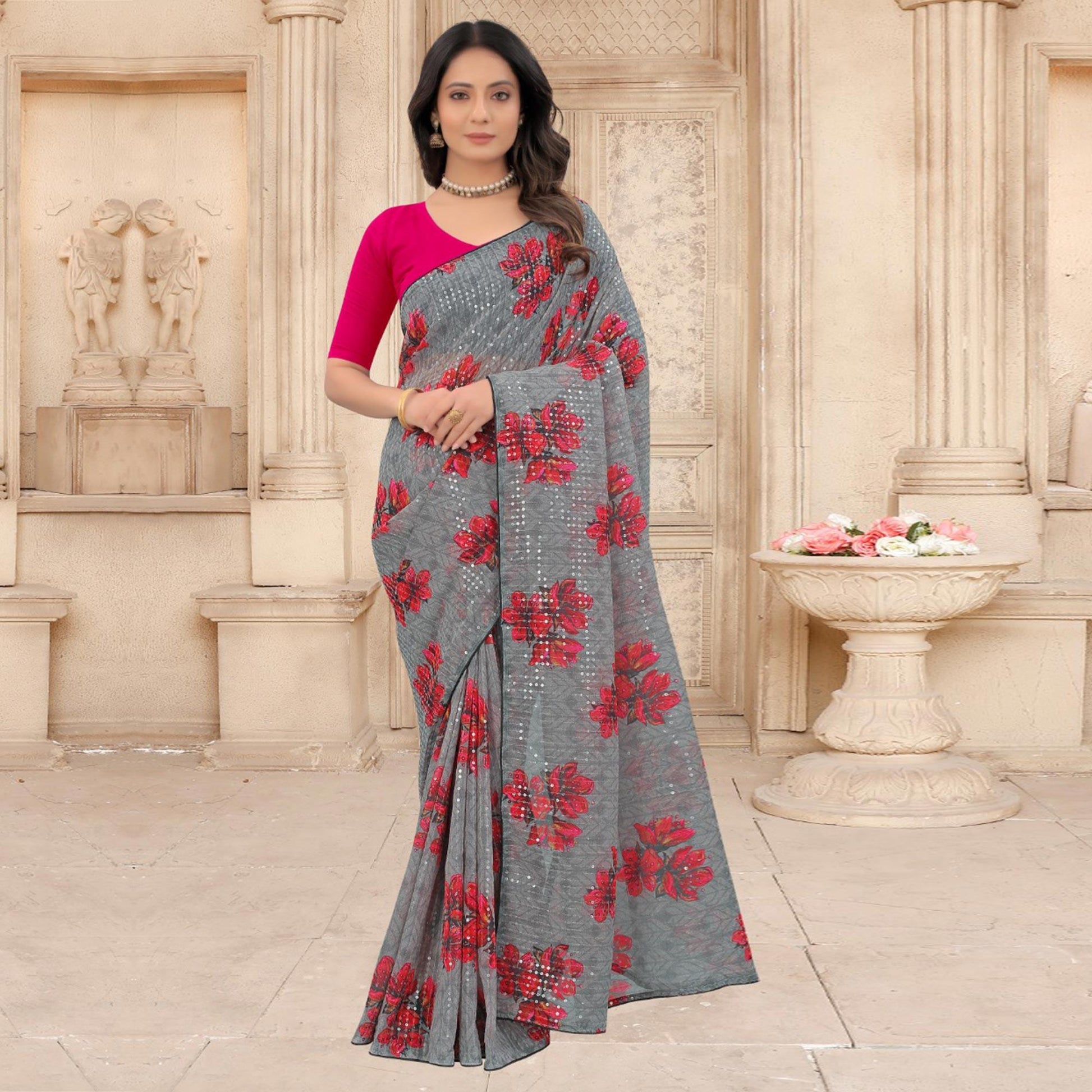 grey-festive-wear-floral-printed-with-sequence-georgette-saree-141012