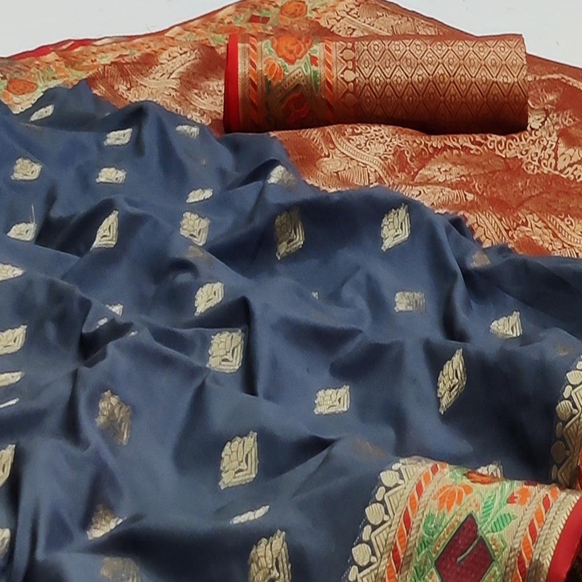 grey-festive-wear-floral-woven-soft-silk-saree-with-jacquard-border-136560