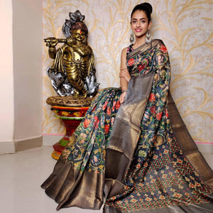 grey-festive-wear-kalamkari-printed-chanderi-silk-saree-with-zari-weaving-border-128493