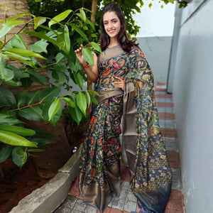 grey-festive-wear-kalamkari-printed-chanderi-silk-saree-with-zari-weaving-border-128493